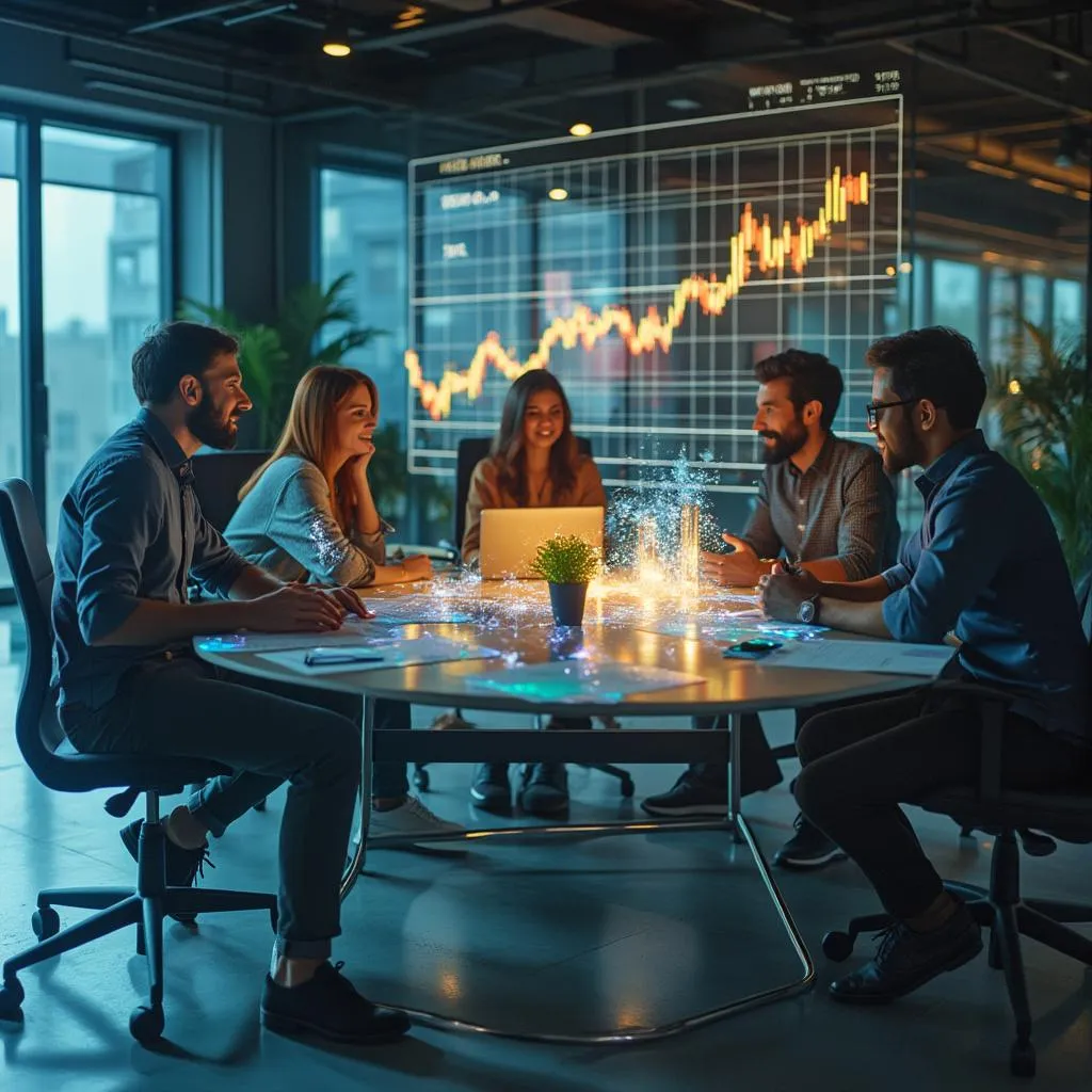 Equipe de analistas discutindo estratégias de investimento com gráficos futuristas ao fundo