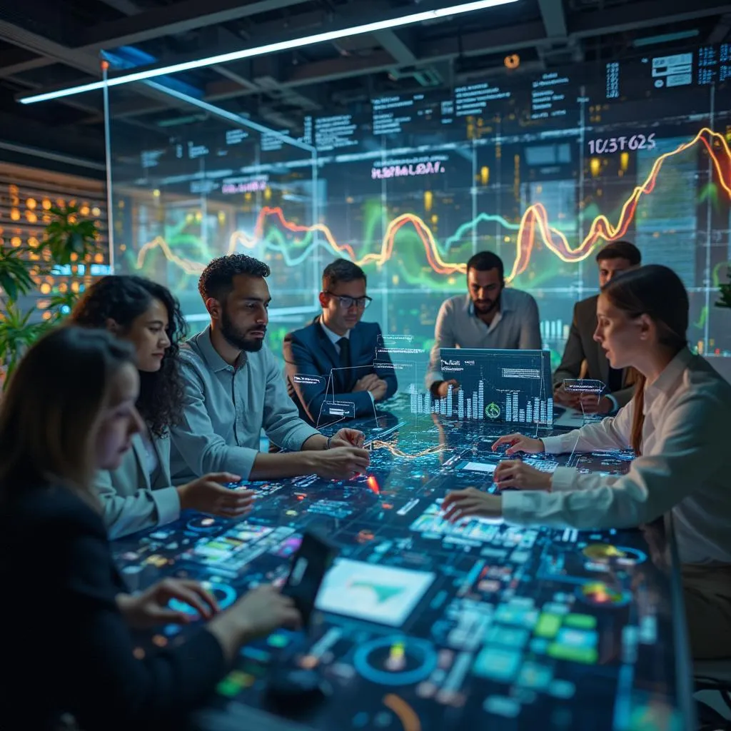 Equipe diversificada colaborando em um projeto futurista